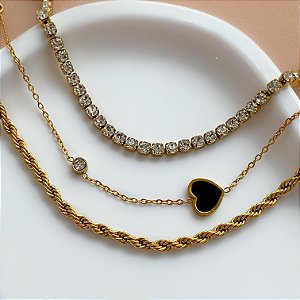 PULSEIRA KIT STRASS, CORAÇÃO E CORDÃO BAIANO DOURADO AÇO 316L⭐️