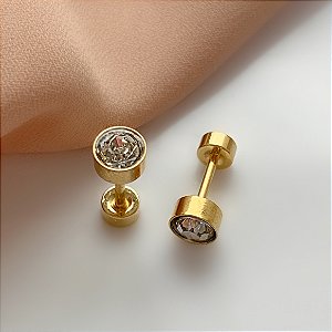 BRINCO PONTO DE LUZ ZIRCÔNIA TARRAXA ROSCA DOURADO AÇO 316L⭐️