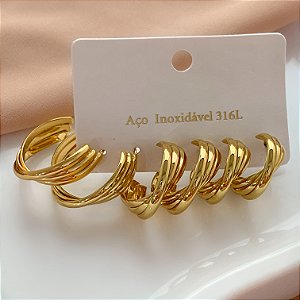 BRINCO KIT ARGOLAS TRÊS FIOS CRUZADAS DOURADO AÇO 316L⭐️