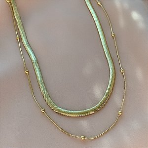 COLAR DUPLO CORRENTE COBRA E BOLINHAS DOURADO AÇO 316L⭐️