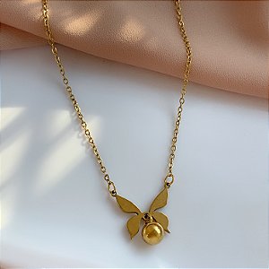 COLAR PINGENTE BORBOLETA E BOLINHA LISA DOURADO AÇO 316L PREMIUM⭐️