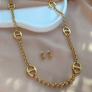 COLAR E BRINCO KIT CORRENTE GROSSA DETALHADA DOURADO AÇO 316L PREMIUM⭐️