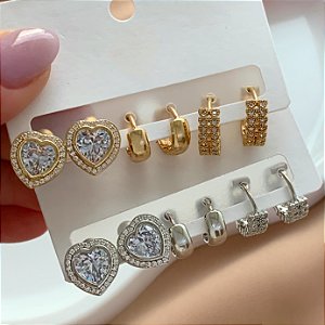 BRINCO KIT ARGOLINHAS E CORAÇÃO ZIRCÔNIAS ALICE BIJU