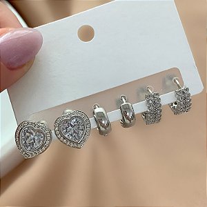 BRINCO KIT ARGOLINHAS E CORAÇÃO ZIRCÔNIAS ALICE BIJU