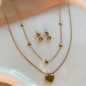 COLAR E BRINCO KIT CORRENTE DUPLA CORAÇÕES LISOS DOURADO AÇO 316L PREMIUM⭐️