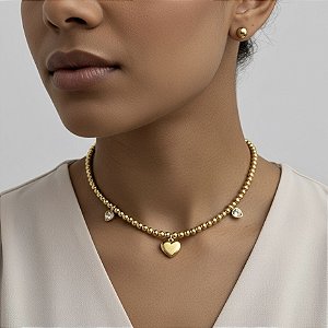 COLAR E BRINCO KIT CORRENTE BOLINHAS PINGENTE CORAÇÃO LISO DOURADO AÇO 316L PREMIUM⭐️