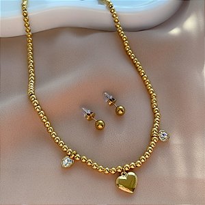 COLAR E BRINCO KIT CORRENTE BOLINHAS PINGENTE CORAÇÃO LISO DOURADO AÇO 316L PREMIUM⭐️