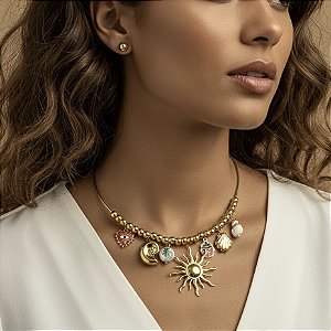 COLAR E BRINCO KIT PINGENTES DIVERSOS VERÃO DOURADO AÇO 316L PREMIUM⭐️