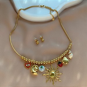 COLAR E BRINCO KIT PINGENTES DIVERSOS VERÃO DOURADO AÇO 316L PREMIUM⭐️