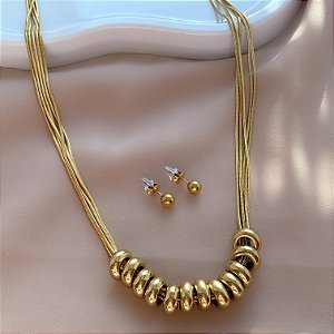 COLAR E BRINCO KIT FIOS PINGENTES AROS BOLEADOS DOURADO AÇO 316L PREMIUM⭐️