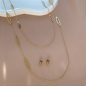 COLAR E BRINCO KIT DETALHE FORMATO FOLHA VAZADA DOURADO AÇO 316L PREMIUM⭐️