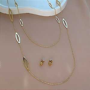 COLAR E BRINCO KIT DETALHE FORMATO FOLHA VAZADA DOURADO AÇO 316L PREMIUM⭐️
