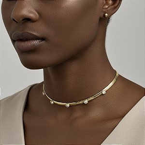 COLAR E BRINCO KIT ARO ACHATADO ZIRCÔNIAS DOURADO AÇO 316L PREMIUM⭐️