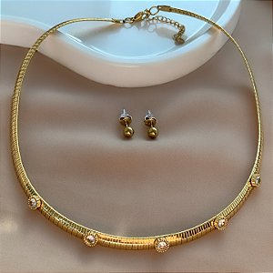 COLAR E BRINCO KIT ARO ACHATADO ZIRCÔNIAS DOURADO AÇO 316L PREMIUM⭐️