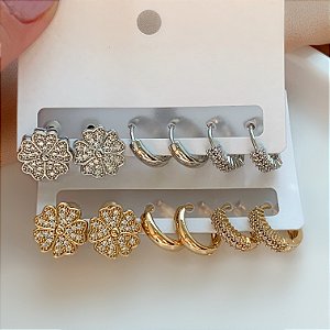 BRINCO KIT ARGOLINHAS E TREVO ZIRCÔNIAS KÉSIA BIJU