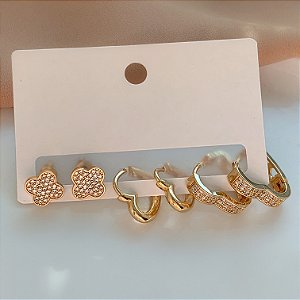 BRINCO KIT ARGOLINHAS CORAÇÕES E TREVO ZIRCÔNIAS NATH BIJU