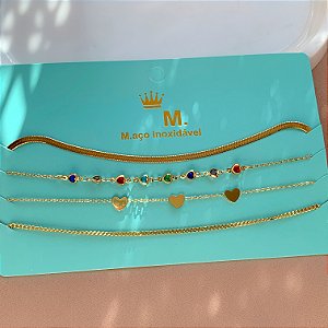COLAR KIT CHOKER FITA FINA E CORAÇÕES CRISTAIS COLORIDOS BIA DOURADO AÇO 316L PREMIUM⭐️