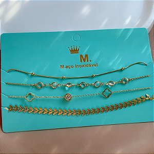 COLAR KIT CHOKER RAMINHOS E CRISTAIS CAROL DOURADO AÇO 316L PREMIUM⭐️