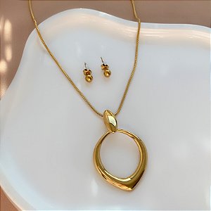 COLAR E BRINCO KIT PINGENTE GOTA VAZADA BOLEADA DOURADO AÇO 316L PREMIUM⭐️
