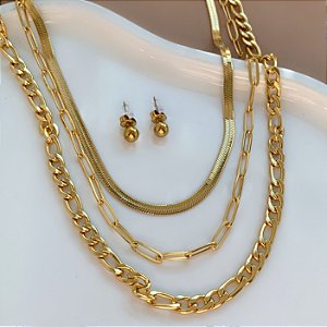 COLAR E BRINCO KIT CORRENTE TRIPLA CLÁSSICA DOURADO AÇO 316L PREMIUM⭐️