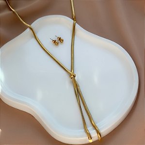 COLAR E BRINCO KIT CORRENTE COBRA GRAVATINHA DOURADO AÇO 316L PREMIUM⭐️