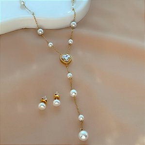 COLAR E BRINCO KIT PÉROLAS GRAVATINHA E CORAÇÃO ZIRCÔNIAS DOURADO AÇO 316L PREMIUM⭐️