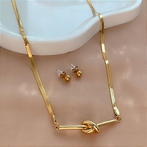 COLAR E BRINCO KIT FITA FINA DETALHE NÓ DOURADO AÇO 316L PREMIUM⭐️