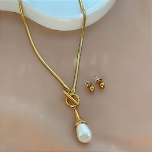 COLAR E BRINCO KIT CORRENTE COBRA GRAVATINHA PÉROLA GOTA DOURADO AÇO 316L PREMIUM⭐️