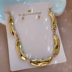 COLAR E BRINCO KIT ELO PORTUGUÊS PINGENTES MEIA LUA ORGÂNICOS DOURADO AÇO 316L PREMIUM⭐️