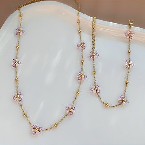 COLAR E PULSEIRA KIT FLORZINHAS CRISTAIS MESCLADAS DOURADO AÇO 316L PREMIUM⭐️
