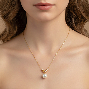 COLAR PÉROLA E BOLINHAS DOURADO AÇO 316L PREMIUM⭐️