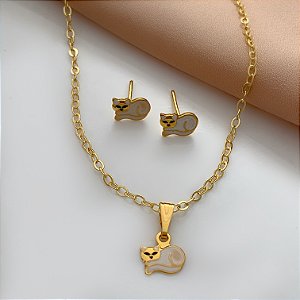 COLAR E BRINCO KIT INFANTIL GATINHO BRANCO FOLHEADO A OURO 18K⭐