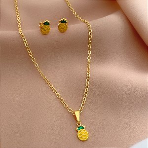 COLAR E BRINCO KIT INFANTIL ABACAXI FOLHEADO A OURO 18K⭐