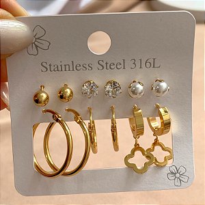BRINCO KIT ARGOLINHAS TREVO VAZADO, ZIRCÔNIA E BOLINHA DOURADO AÇO 316L⭐️