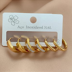 BRINCO KIT ARGOLINHAS FORMATOS LISAS E ZIRCÔNIAS DOURADO AÇO 316L⭐️
