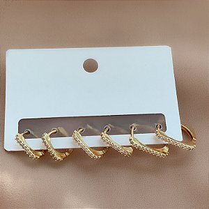 BRINCO KIT ARGOLINHAS QUADRADAS BORDAS BOLEADAS ZIRCÔNIAS BIJU