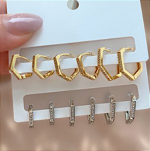 BRINCO KIT ARGOLINHAS HEXAGONAIS ZIRCÔNIAS BIJU