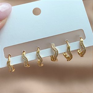 BRINCO KIT ARGOLINHAS ONDULADAS ZIRCÔNIAS BIJU