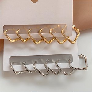 BRINCO KIT ARGOLINHAS QUADRADAS TORCIDAS ZIRCÔNIAS BIJU