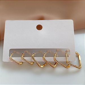 BRINCO KIT ARGOLINHAS QUADRADAS TORCIDAS ZIRCÔNIAS BIJU