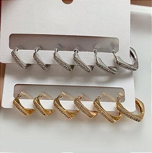 BRINCO KIT ARGOLINHAS QUADRADAS CRAVEJADAS EM ZIRCÔNIAS BIJU