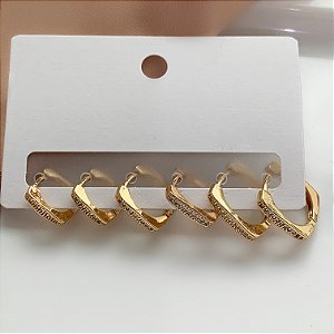 BRINCO KIT ARGOLINHAS QUADRADAS CRAVEJADAS EM ZIRCÔNIAS BIJU