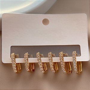 BRINCO KIT ARGOLINHAS RETANGULARES ZIRCÔNIAS LUCIANA BIJU