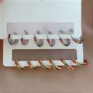 BRINCO KIT ARGOLINHAS ZIRCÔNIAS COLORIDAS LÍVIA BIJU