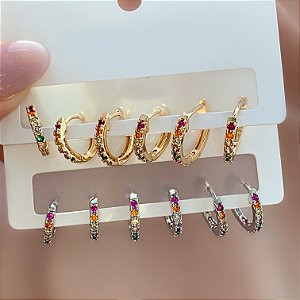 BRINCO KIT ARGOLINHAS ZIRCÔNIAS COLORIDAS LAURA BIJU