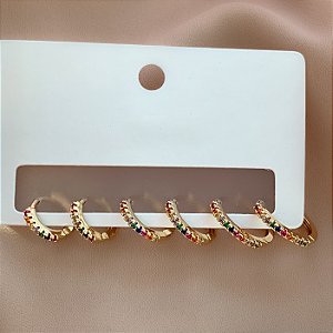 BRINCO KIT ARGOLINHAS ZIRCÔNIAS COLORIDAS MARIA BIJU