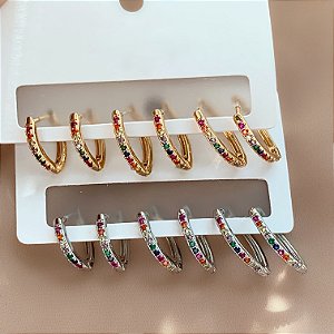 BRINCO KIT ARGOLINHAS FORMATO FOLHA ZIRCÔNIAS COLORIDAS BIJU