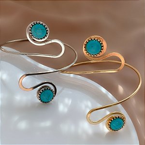 BRACELETE FIO CURVADO PEDRA REDONDA TURQUESA BIJU