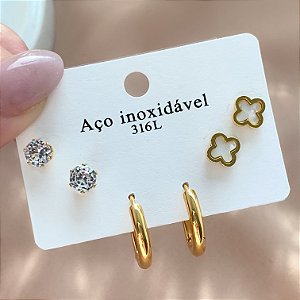 BRINCO KIT ARGOLINHA, TREVO RESINADO E PONTO DE LUZ DOURADO AÇO 316L⭐️