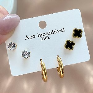 BRINCO KIT ARGOLINHA, TREVO RESINADO E PONTO DE LUZ DOURADO AÇO 316L⭐️